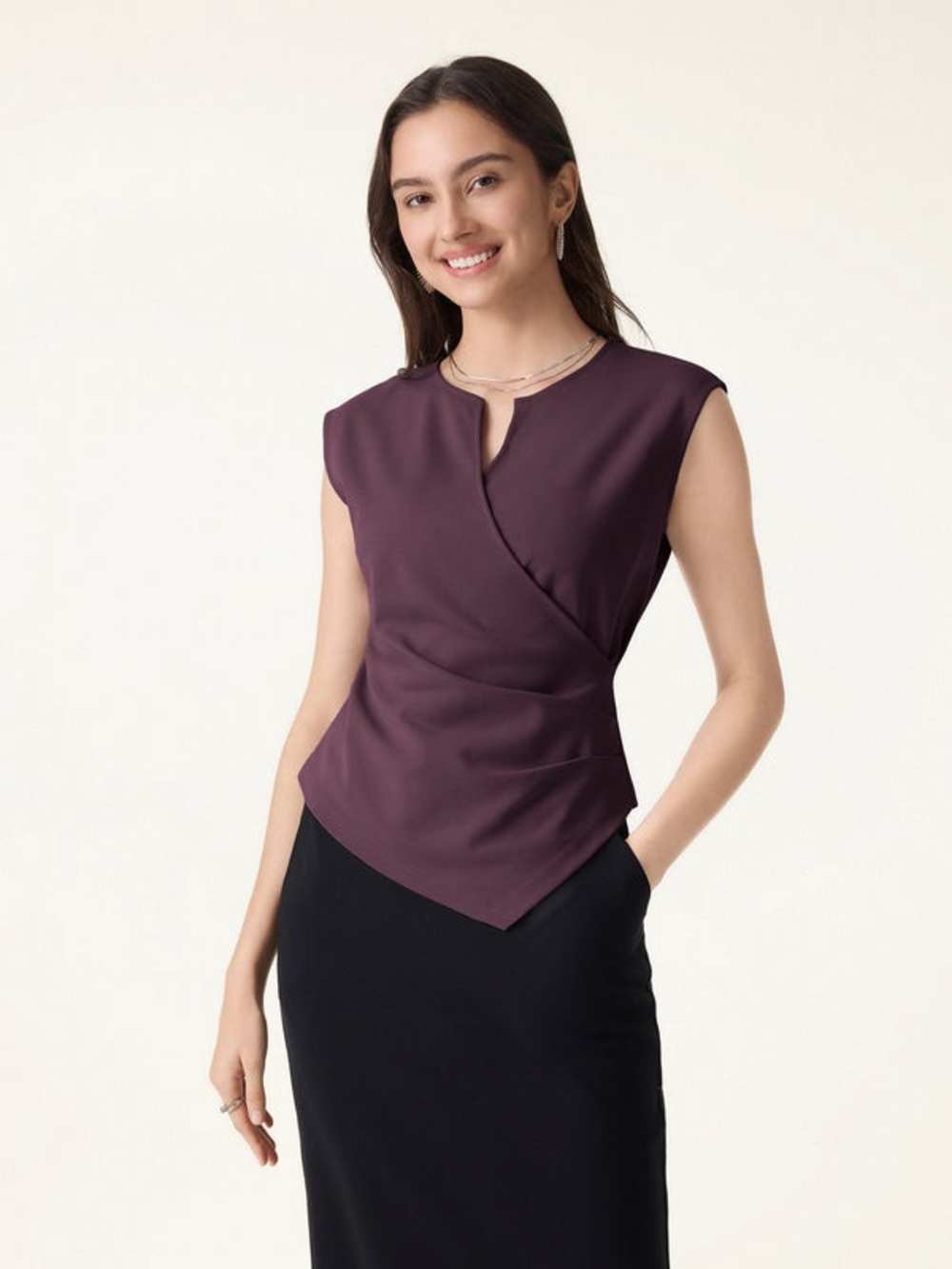 New OGL Surplice Wide Shoulder Tucked Angled Burgundy Purple Tank Top Large